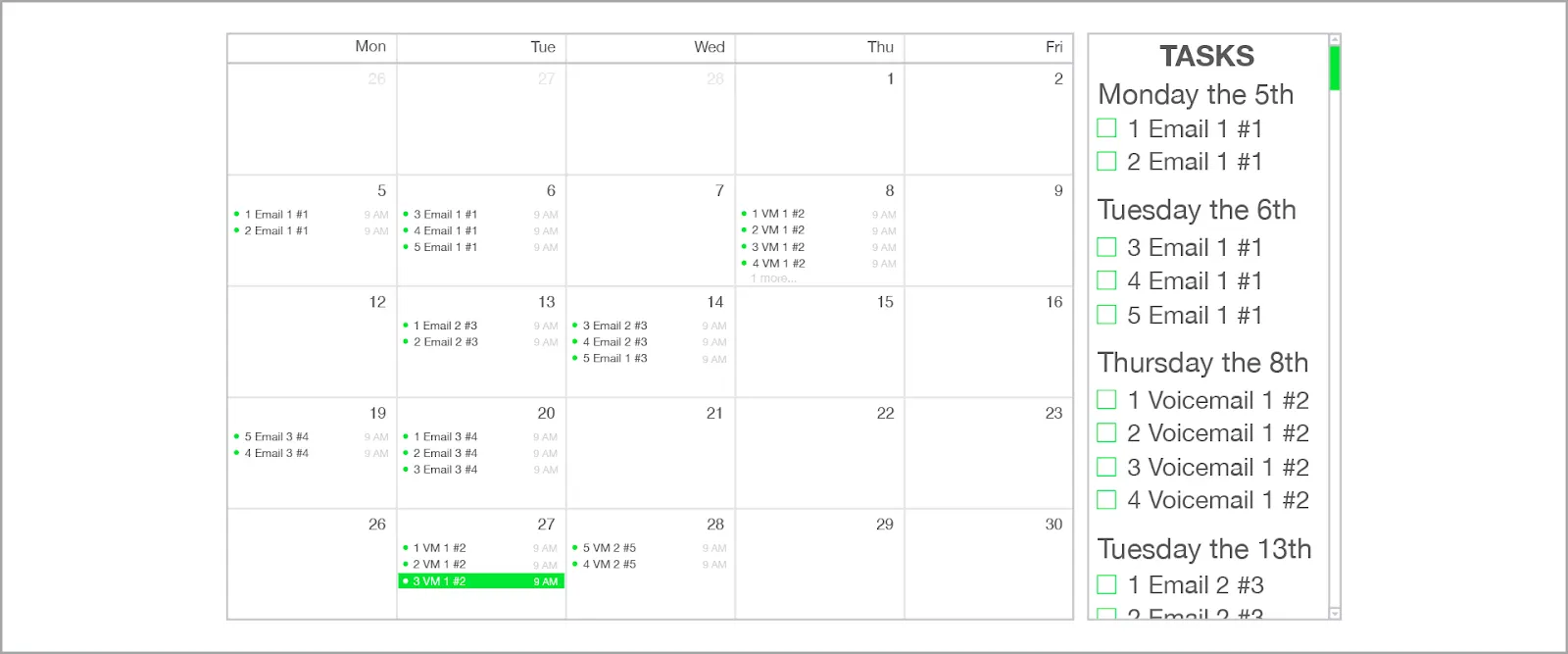 Calendar with dates assigned for different email and voicemail communications.