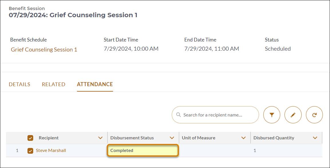 [Disbursement Status (支払の状況)] が [Completed (完了)] に設定されているセッションレコード