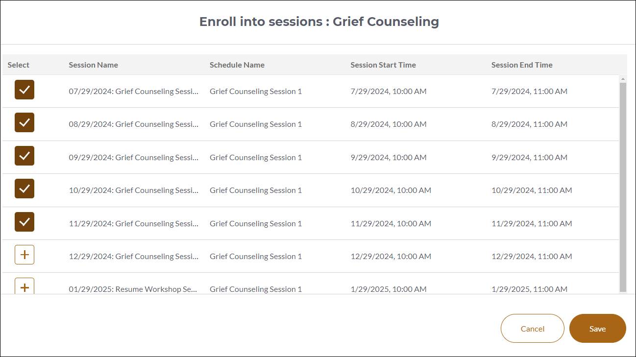 [Enroll into sessions (セッションに登録)] ウィンドウ