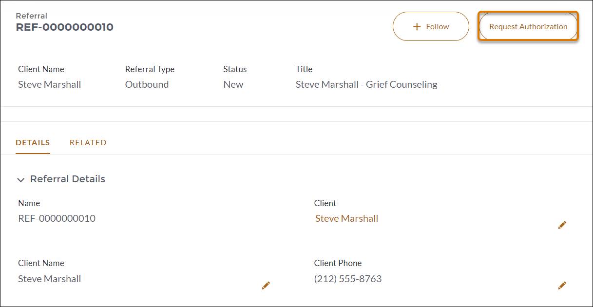 紹介レコードの [Request Authorization (承認を要求)] ボタン