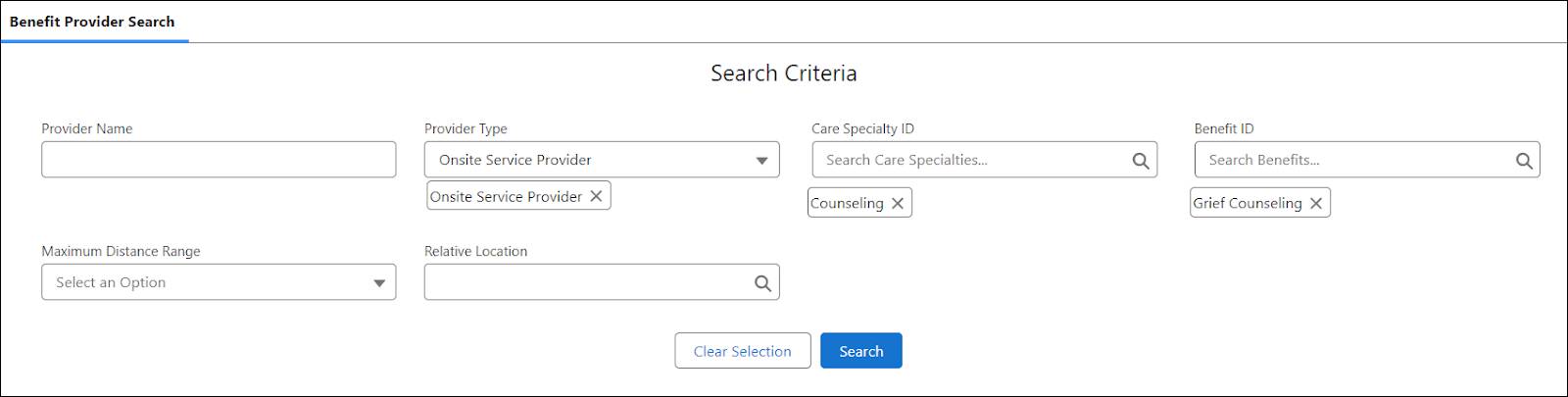 検索条件が指定された [Benefit Provider Search (給付提供者検索)] 画面