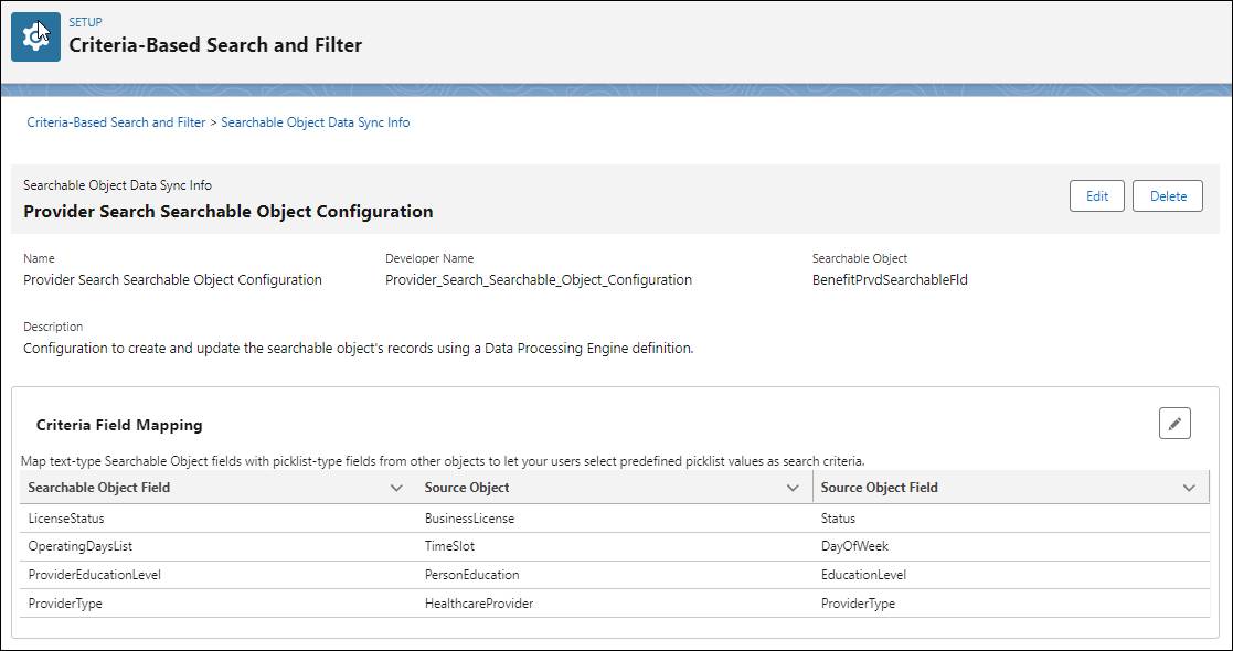 [Provider Search Searchable Object Configuration (提供者検索の検索可能なオブジェクトの設定)] 設定画面のスクリーンキャプチャ