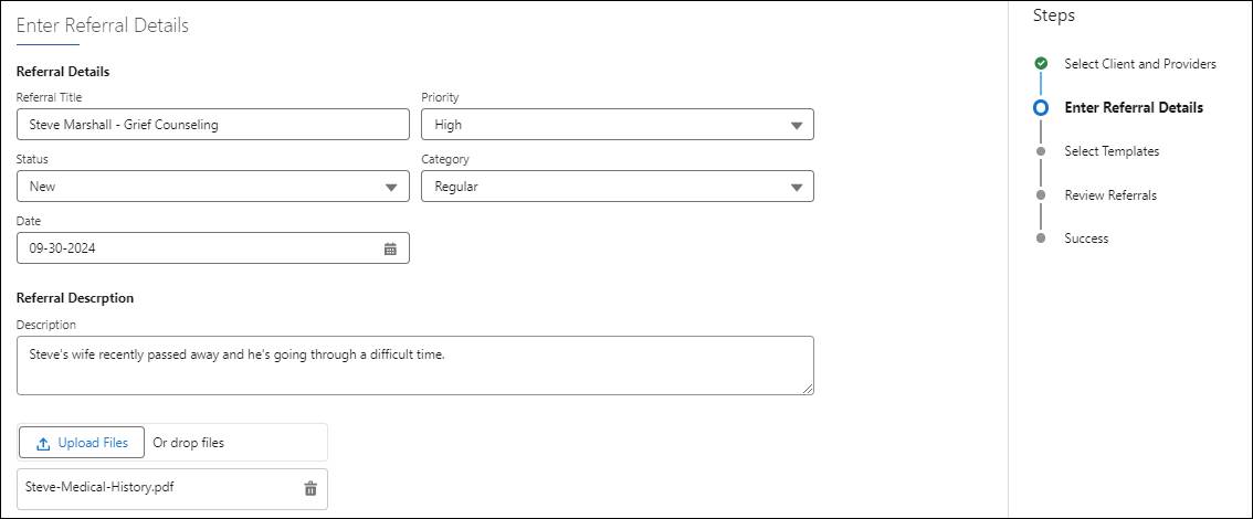 [Benefit Referral (給付紹介)] ガイド付きフローの [Enter Referral Details (紹介の詳細を入力)] 画面