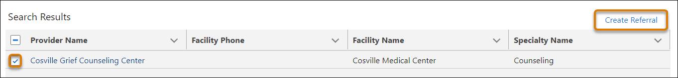 提供者名が選択され、[Create Referral (紹介を作成)] が強調表示されている検索画面のスクリーンキャプチャ