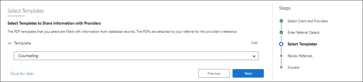 [Benefit Referral (給付紹介)] ガイド付きフローの [Select Templates (テンプレートを選択)] 画面