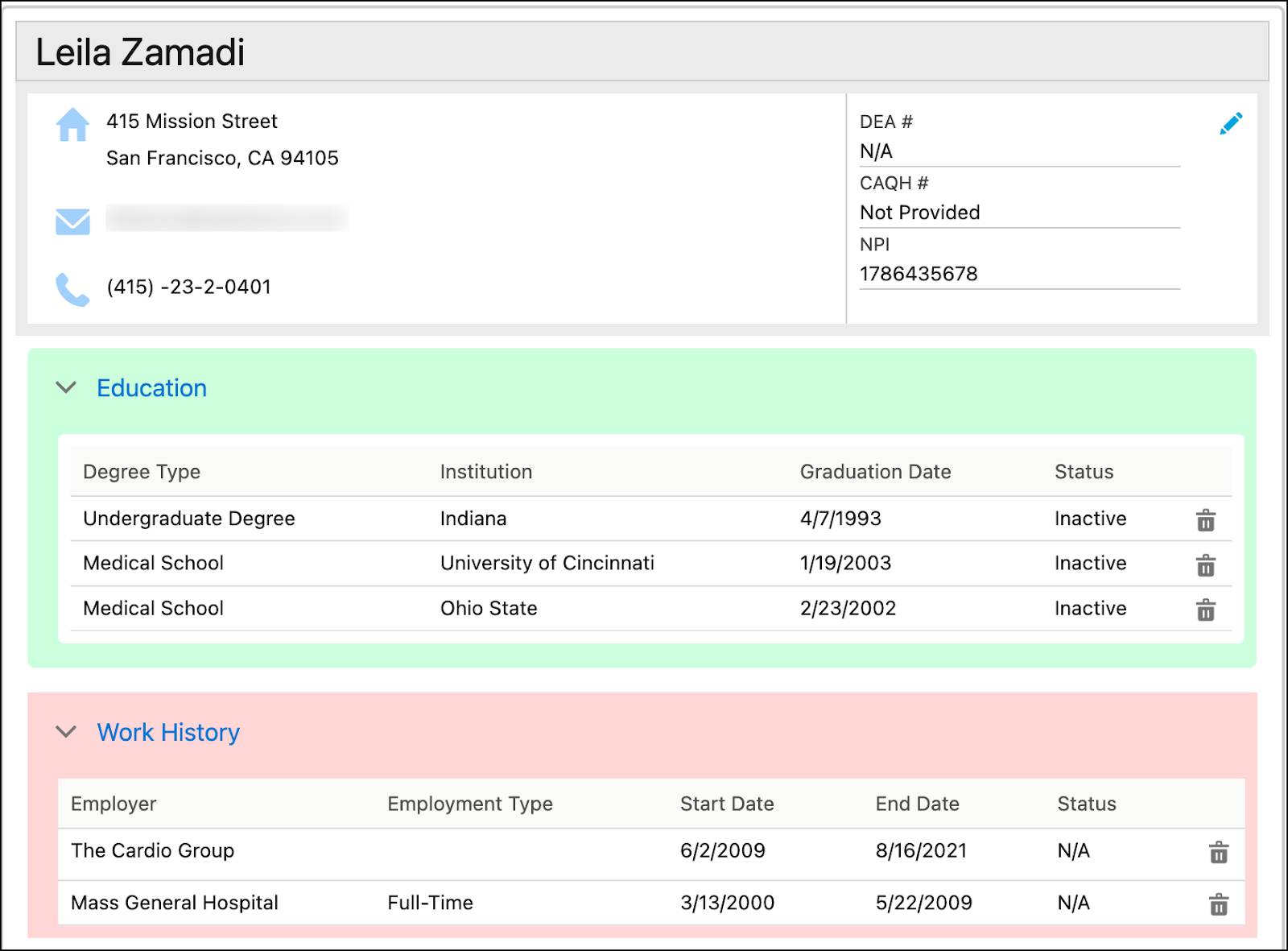  Leila’s education and work history expanded. Her work history is flagged as red.