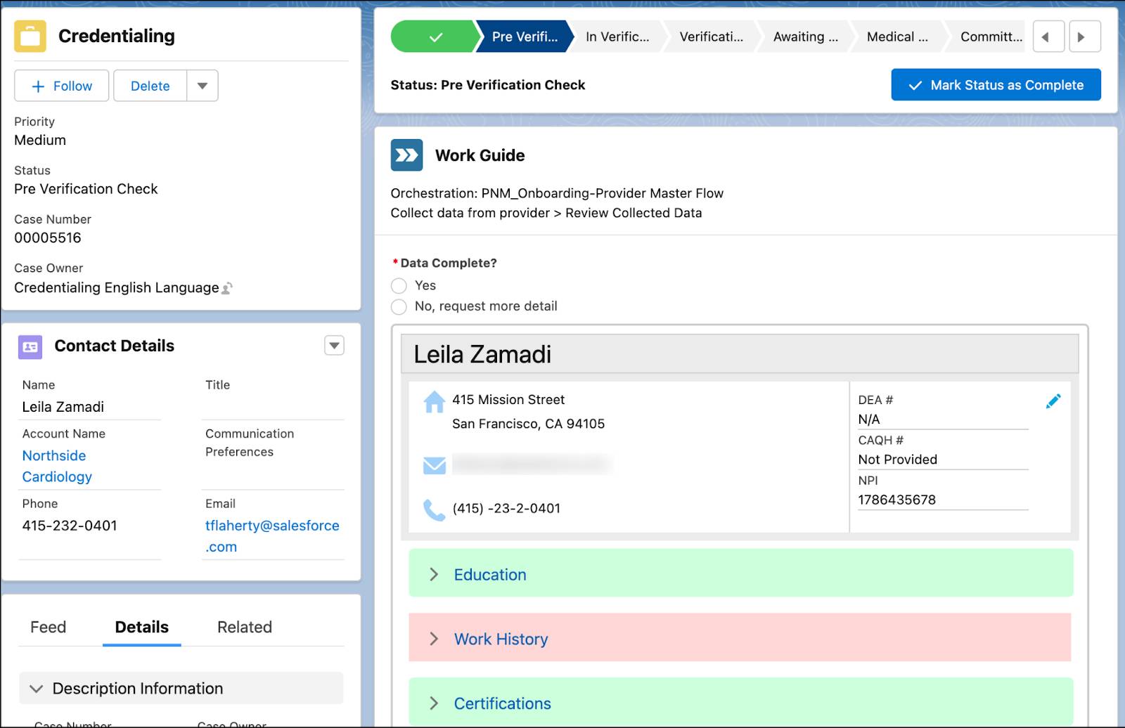  Credentialing case record page for Dr. Leila Zamadi