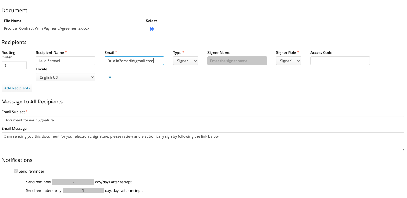  Document e-signature send form