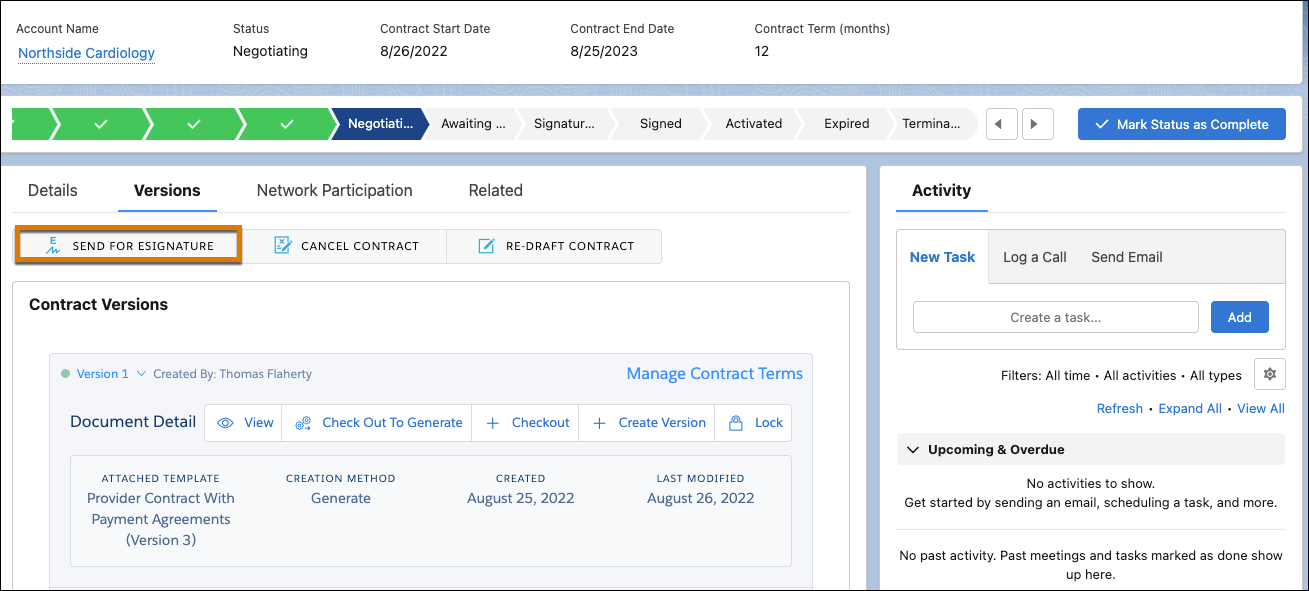  Versions tab of the contract record, with the SEND FOR ESIGNATURE button highlighted