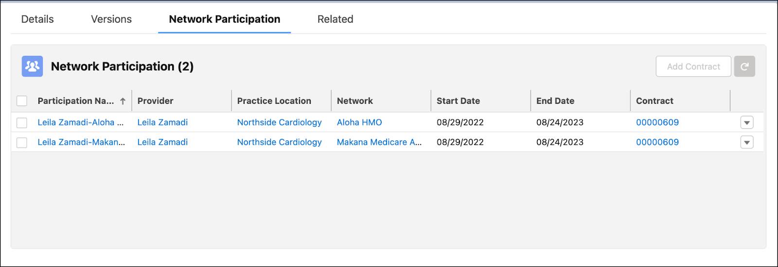  Network Participation tab of contract record page with two networks listed for Dr. Zamadi’s contract