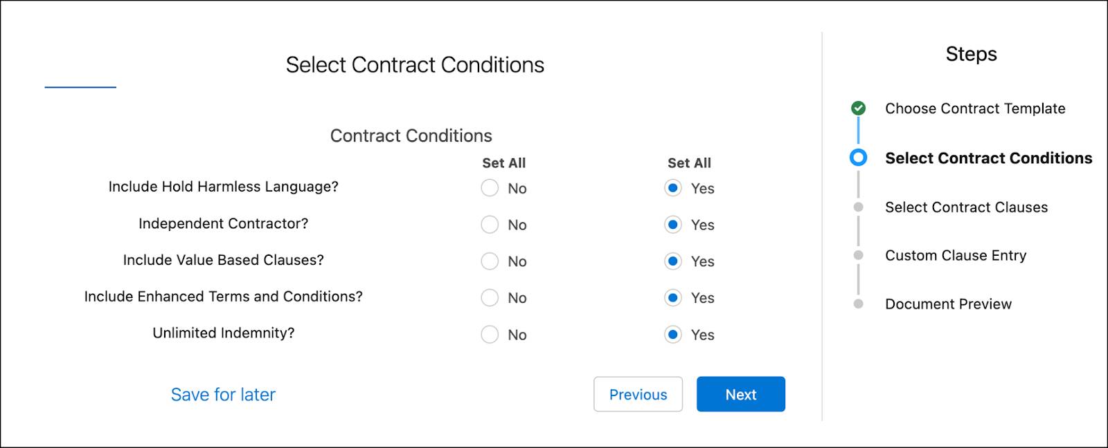  Select Contract Conditions step with all additional contract conditions set to a value of Yes