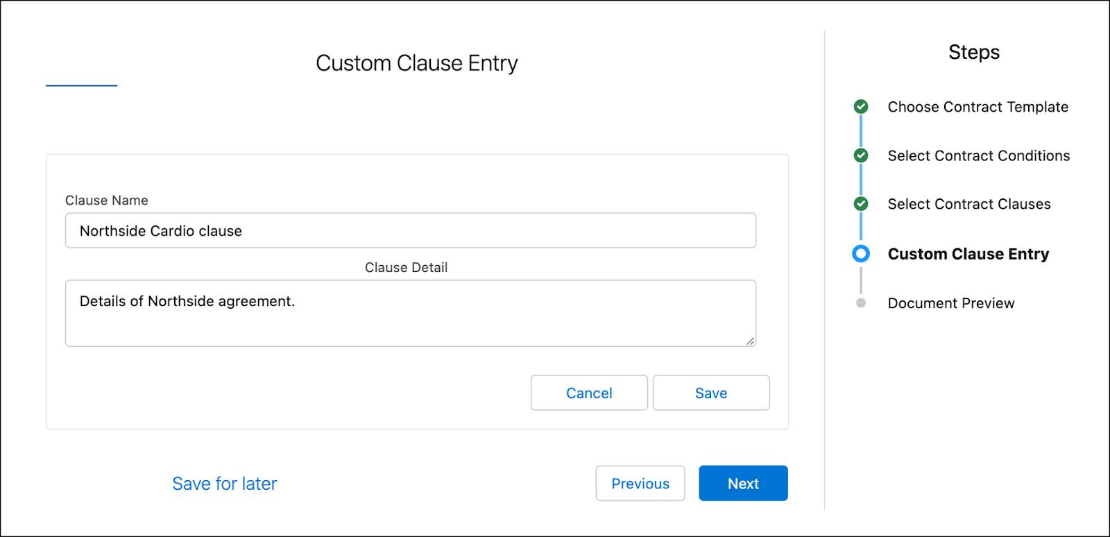  Custom Clause Entry step filled out with name and detail.