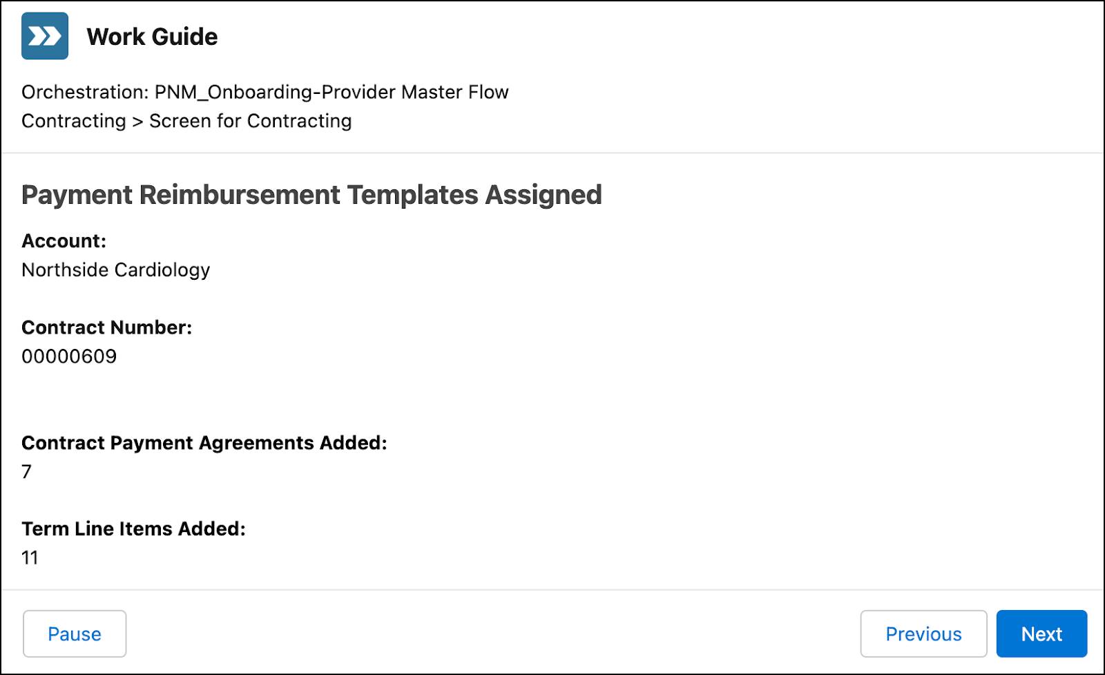 Work guide showing Contract Payment Agreements and Term Lines added to Dr. Zamadi’s contract.