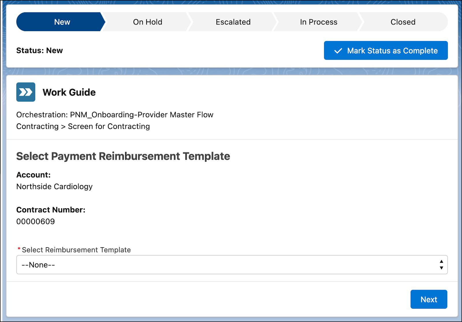  Work Guide that contains a prompt for selecting the Payment Reimbursement Template.