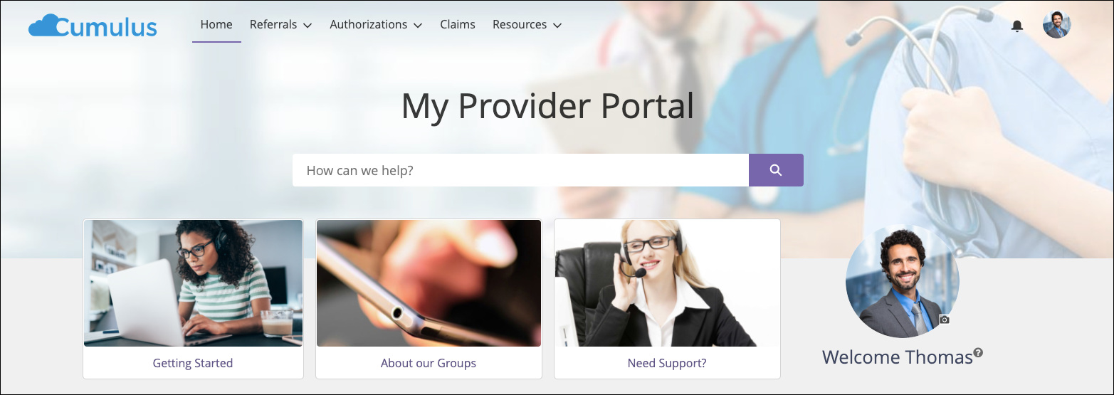  Screenshot of My Provider Portal, which welcomes a provider with a search bar and help about getting started and receiving support.