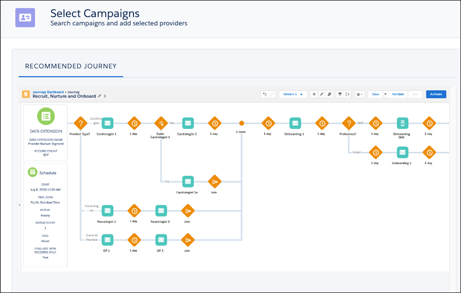  The Select Campaigns window showing a recruitment campaign with different branching paths for different provider specializations