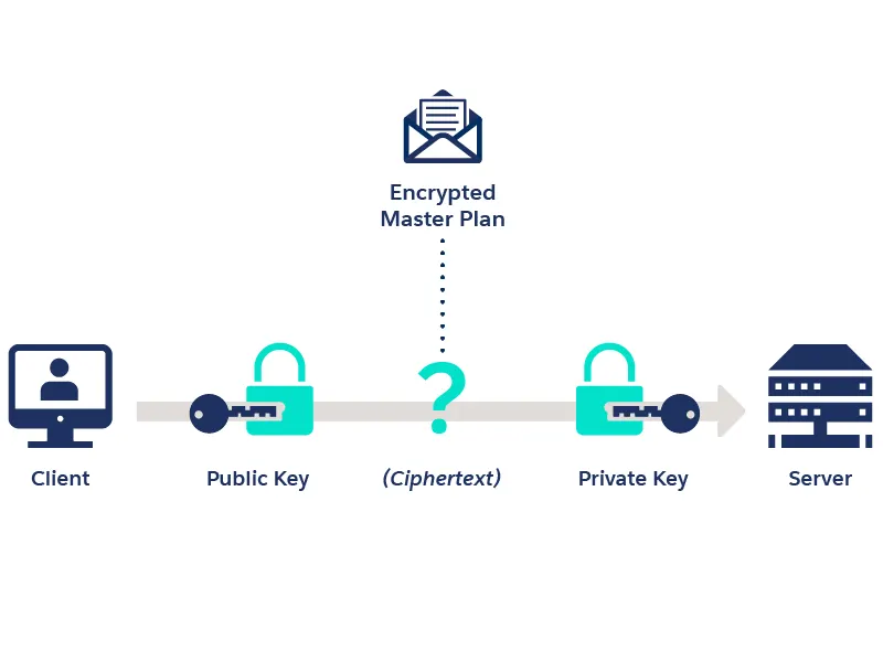 Diagram that shows how the public key encrypts data on the client side and decrypts it on the server side