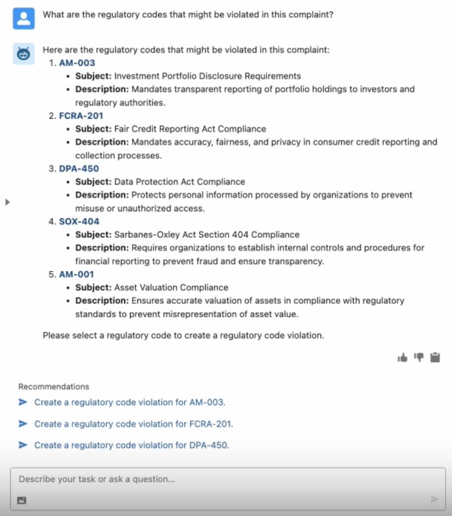 Agentforce can help identify and quickly address regulatory code violations.