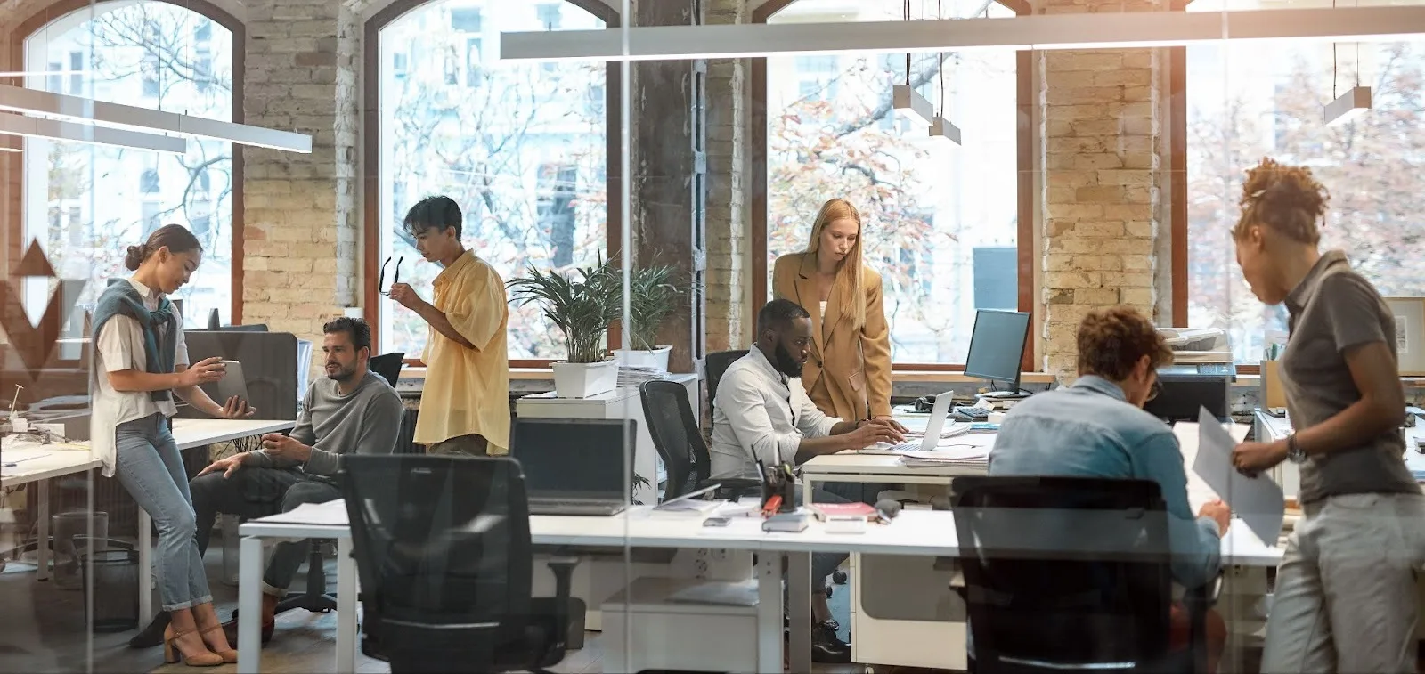 Behind glass, seven members of a quality team at different desks in an office are at work on various aspects of a project