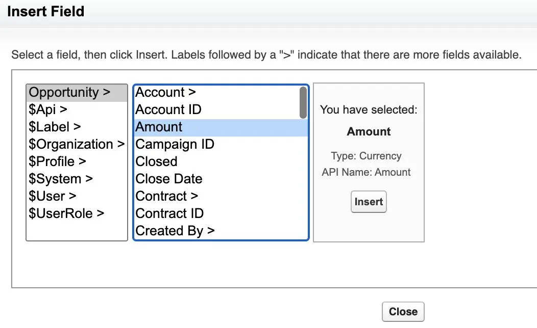 The Insert Field window displays a list of fields for the current object. Select a field and the Insert button is displayed.