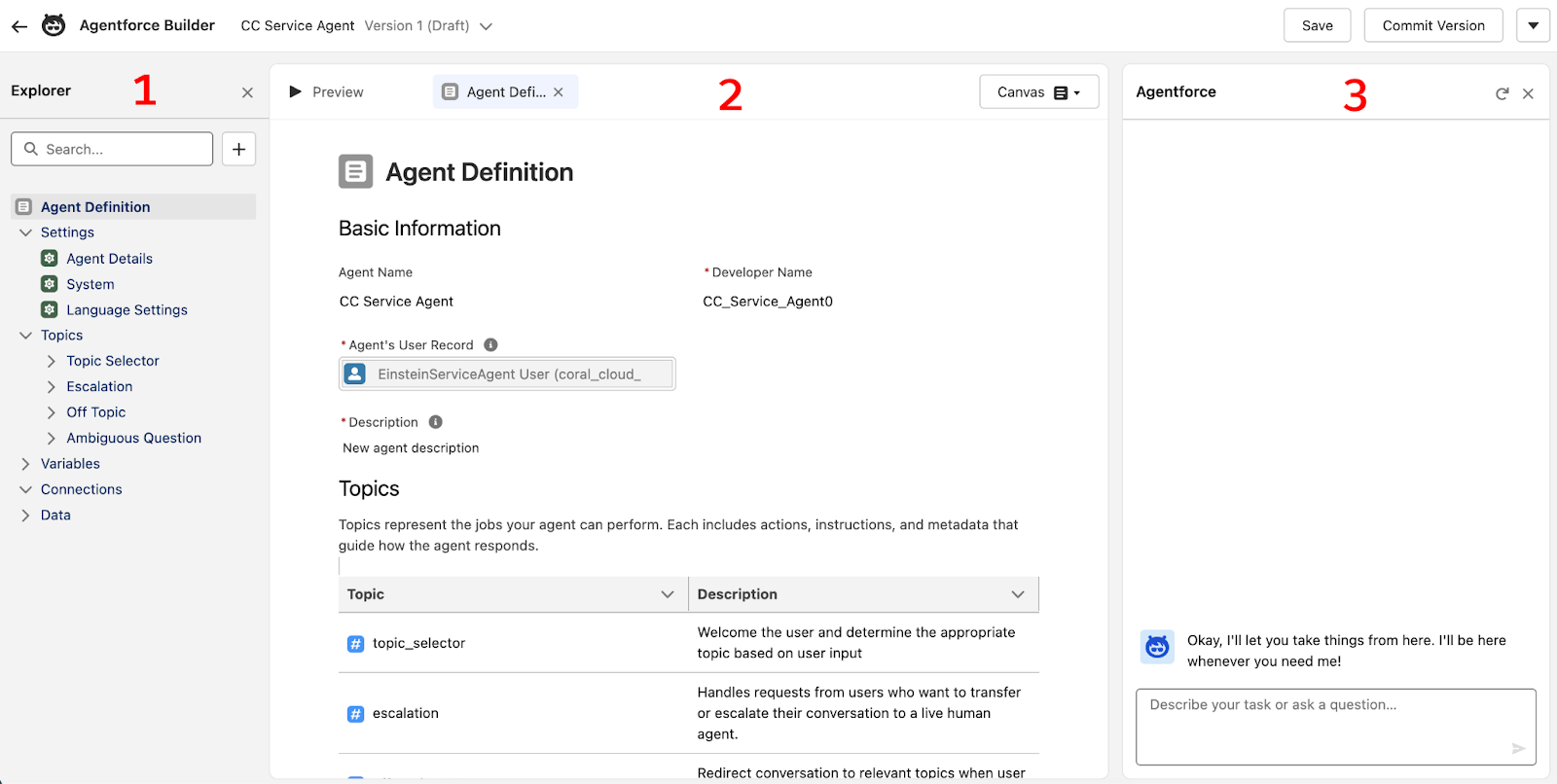 The Agentforce Builder showing the navigation, editor, and Agentforce Assistant panels.
