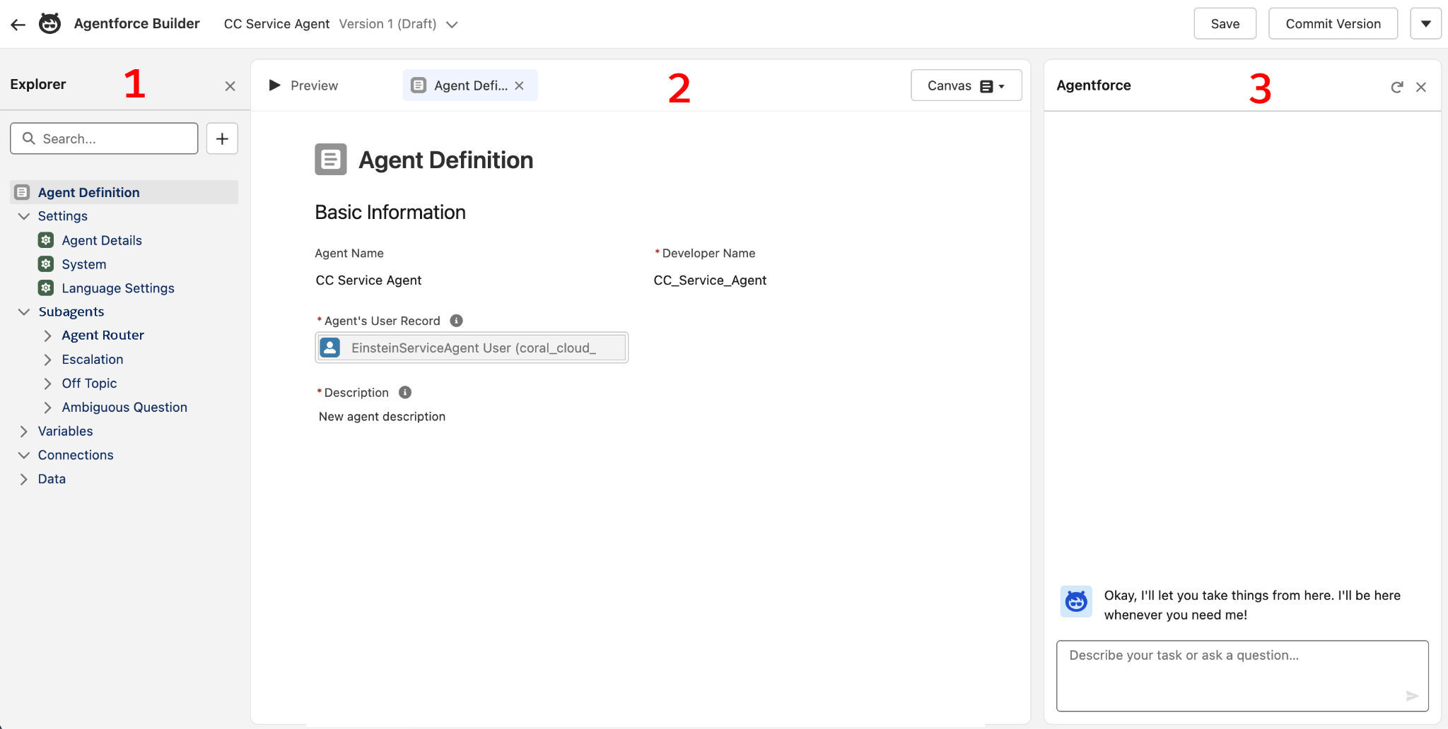The Agentforce Builder showing the navigation, editor, and Agentforce Assistant panels.