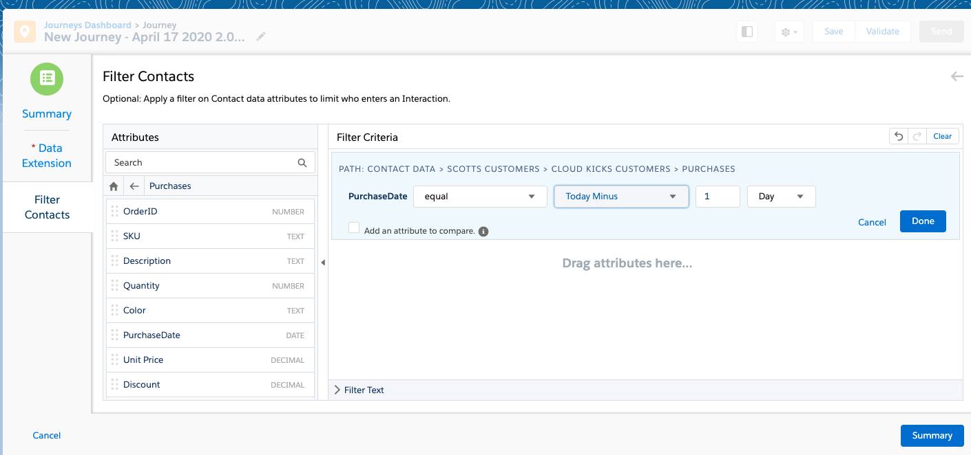 Filter contacts screen in Journey Builder