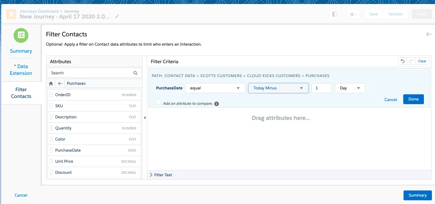 Tela Filtrar contatos no Journey Builder