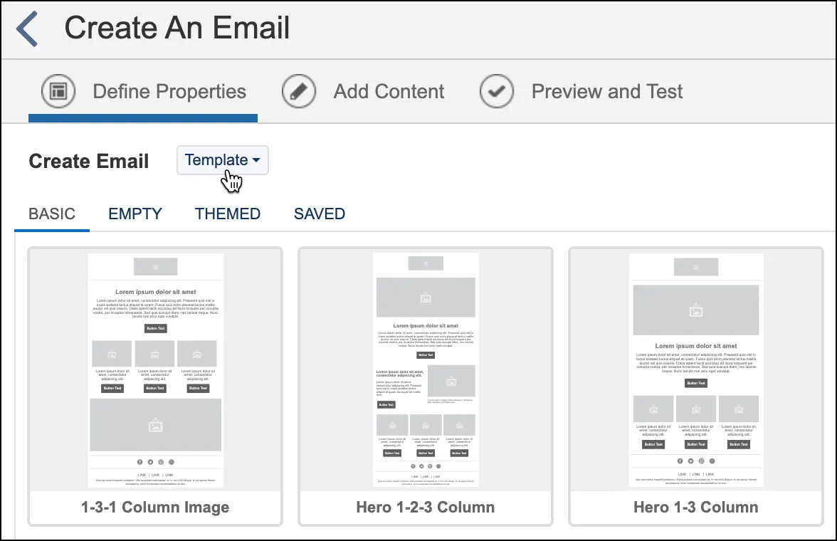 A screenshot showing Create Email with the option Template selected.