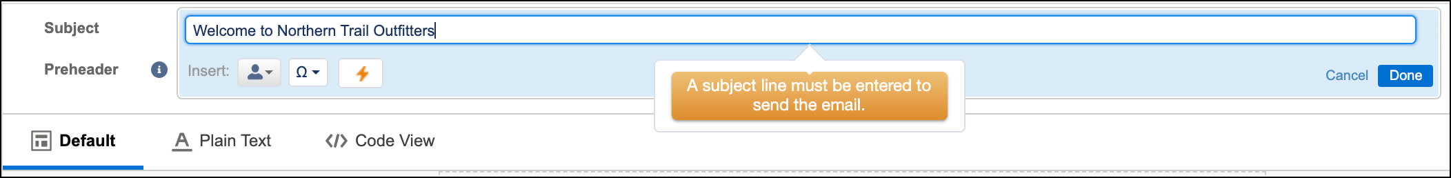 A screen shot showing a red arrow pointing to the Save button in the bottom right hand corner of the Subject line box.