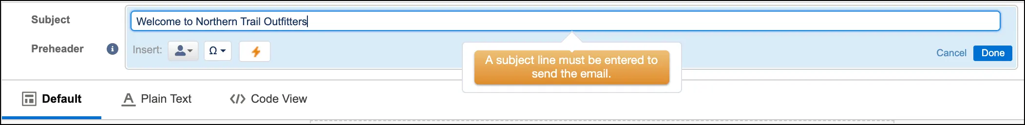 A screen shot showing a red arrow pointing to the Save button in the bottom right hand corner of the Subject line box.