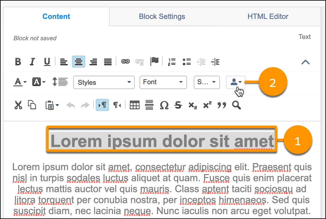 Screenshot der Registerkarte 'Content (Inhalt)' mit blau hervorgehobenem Text 'Lorem ipsum dolor sit amet'. Der Text hat einen orangen Rahmen und die Nummer 1 daneben. Das Profilsymbol hat die Nummer 2 daneben.