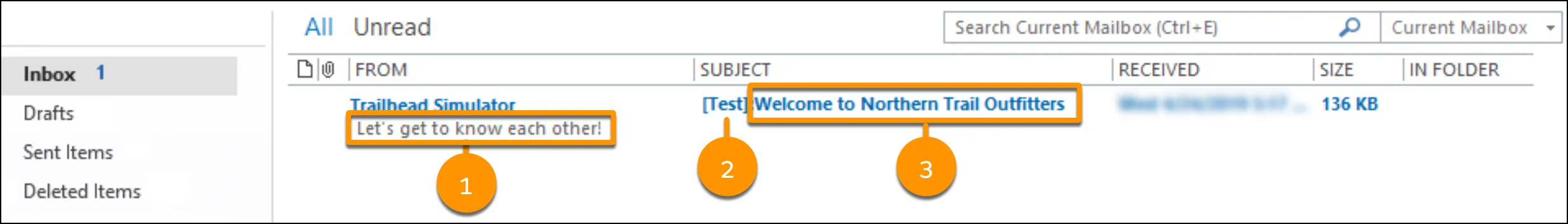 Screenshot, der die Testmail mit Preheader, Kennzeichner und Betreffzeile zeigt, denen Nummern zugeordnet sind.