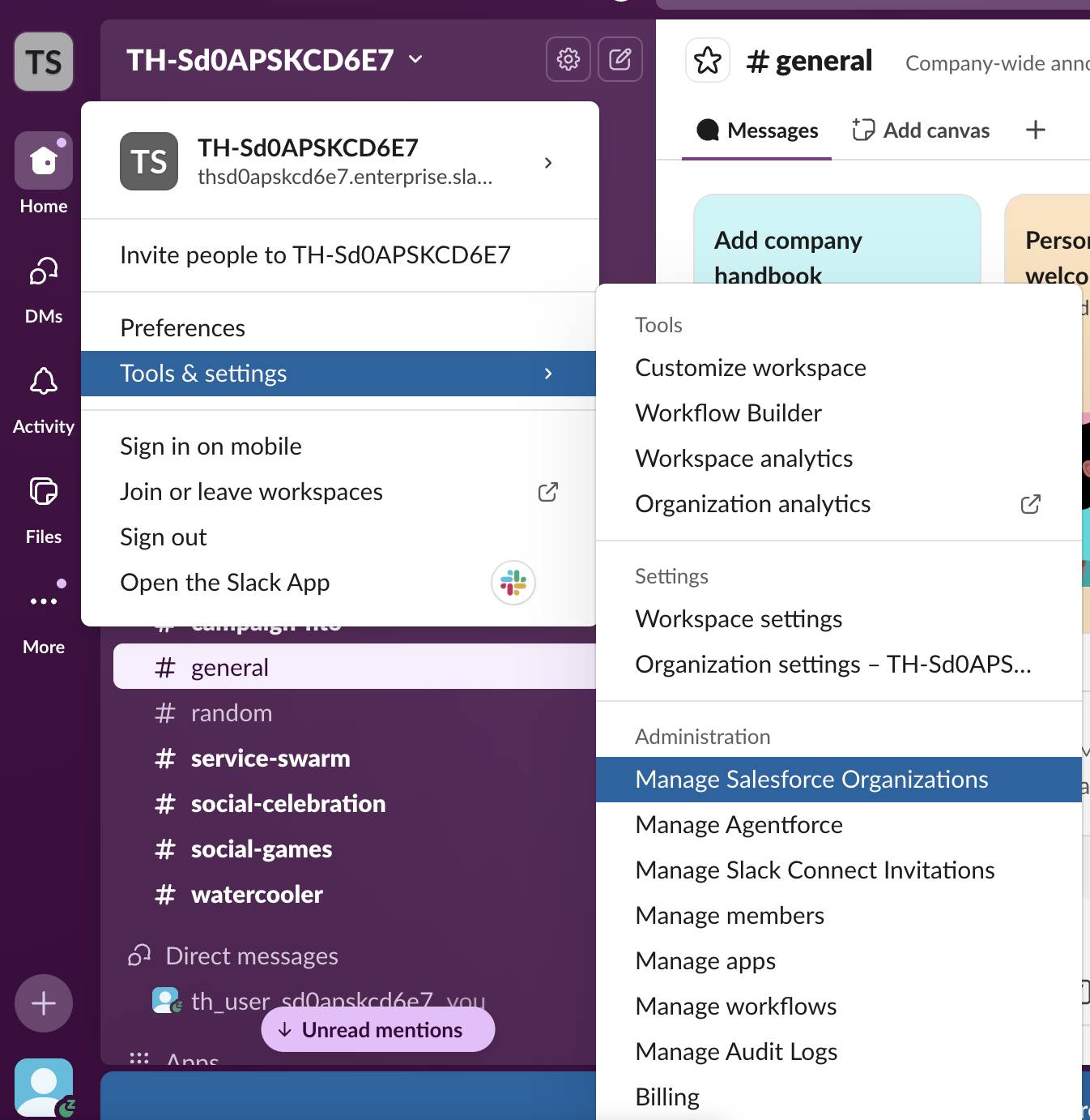 Manage Salesforce Organizations menu selection.