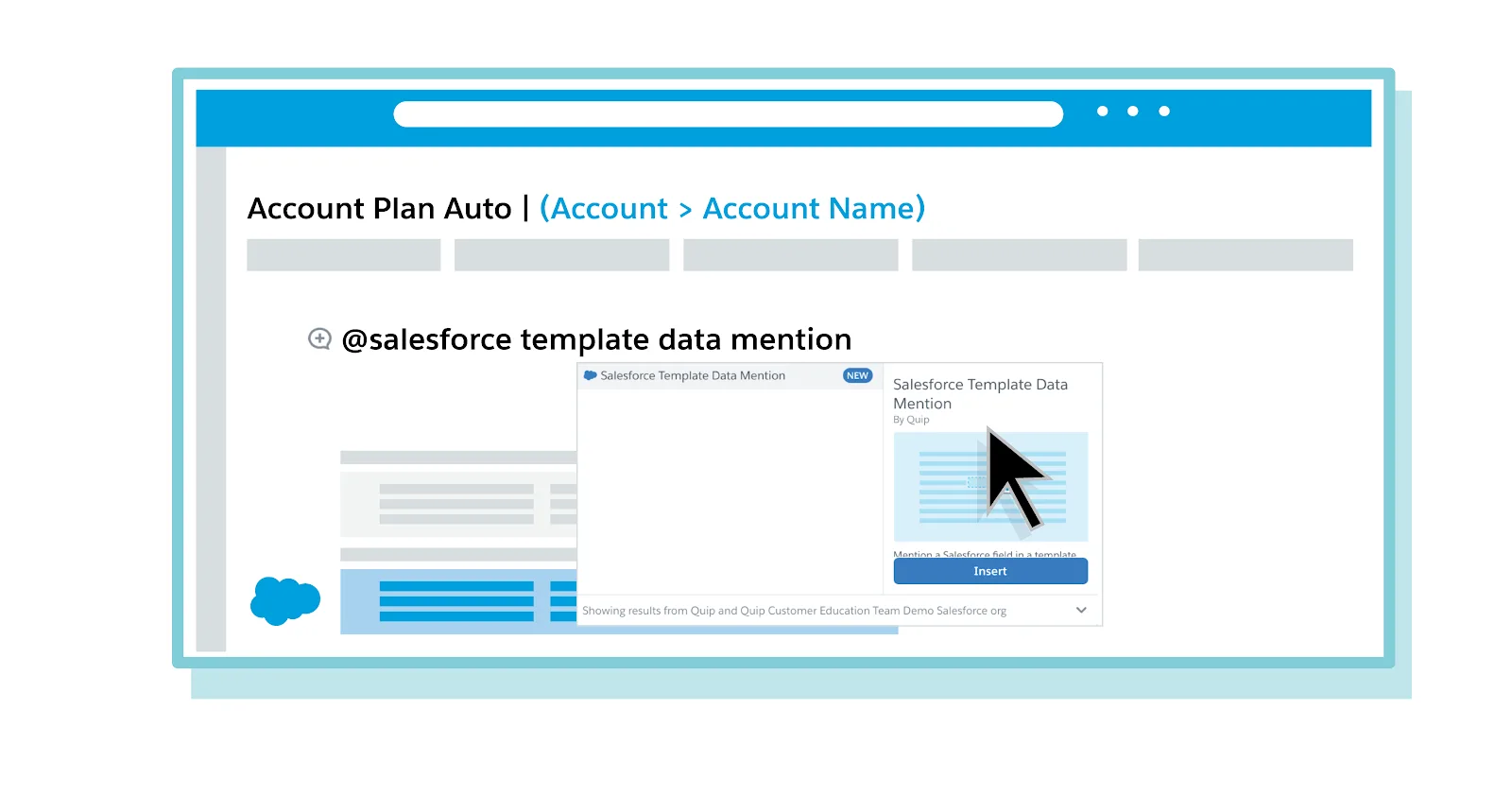 Plano de conta que mostra (Conta > Nome da conta) em destaque como dados do Salesforce, demonstrando uma menção de dados. Vemos um menu de opções em uma @ menção.