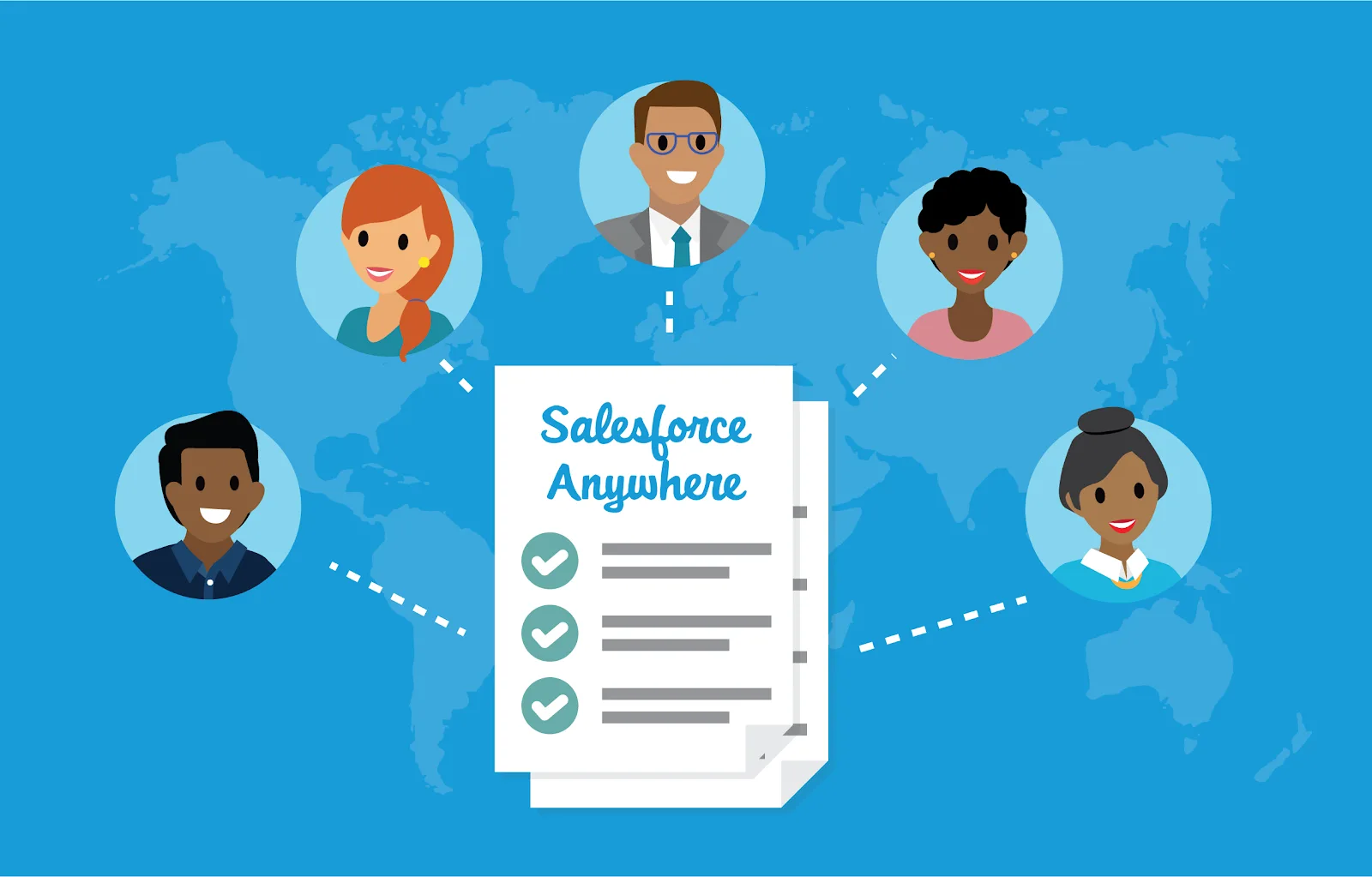 Against the background of a global map, we see five people’s headshots connected by dotted lines to one central document.