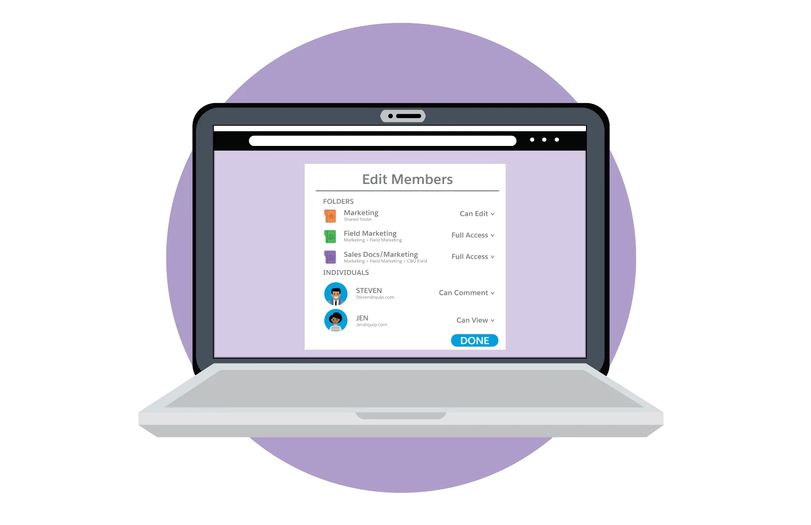 Laptop showing how to edit member permissions, including folders and individuals.