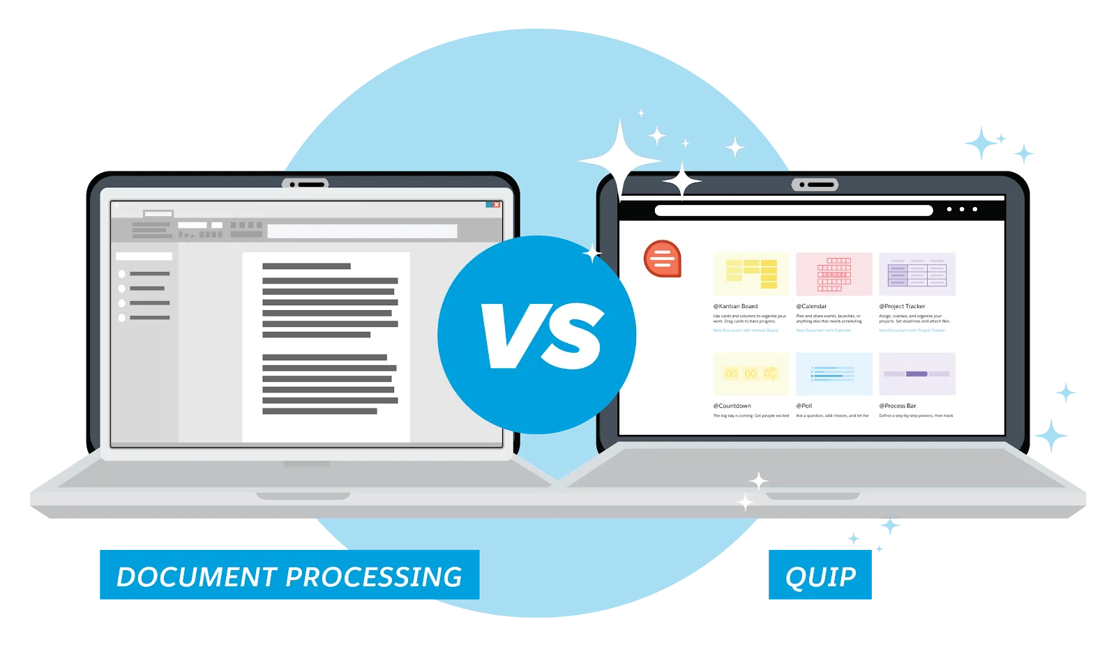 Two laptops, one with traditional document processing software and one with Quip, which is more colorful, modular, and user-friendly.