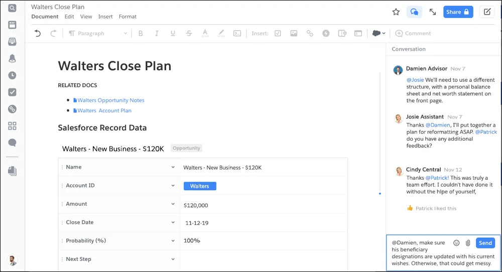 Account plan showing Damien and his team members commenting back and forth in the Conversation bar regarding their approach to estate planning for the Walters.