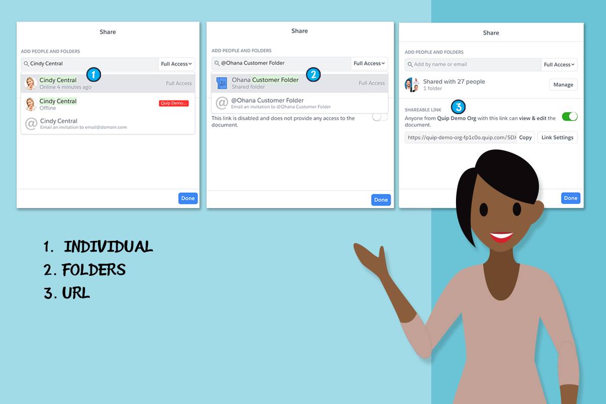 Screenshots of Quip document sharing windows, with three numbered sections.