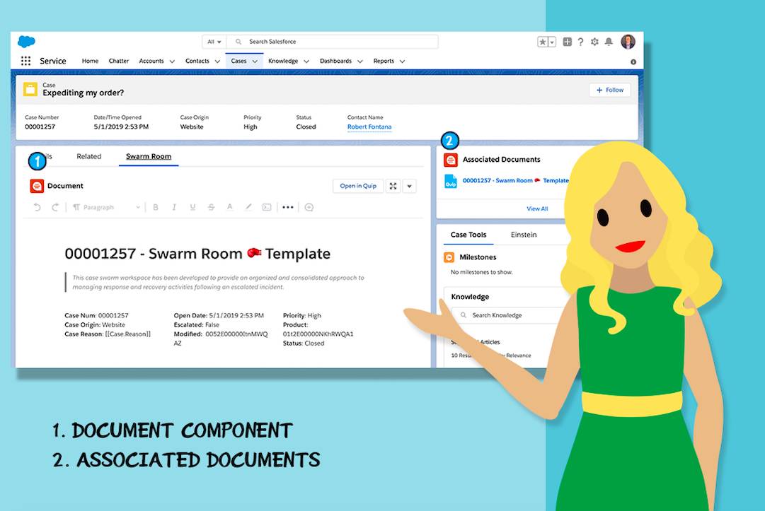 Screenshot of Quip components in Service Cloud, with two numbered sections.