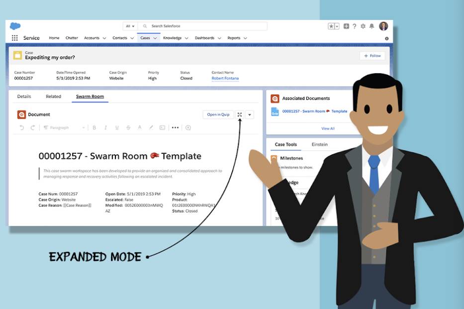 Screenshot of Quip document in Service Cloud with arrow pointing to Expanded Mode button.