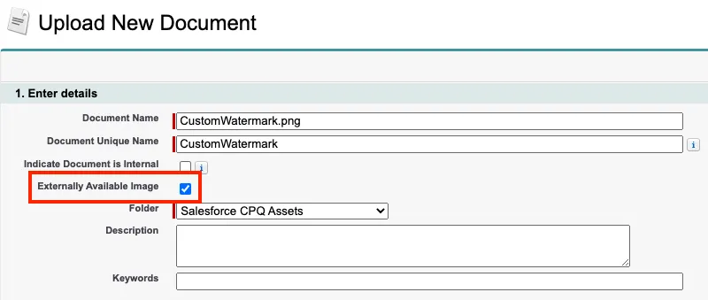 Upload New Document page with Externally Available Image checked.