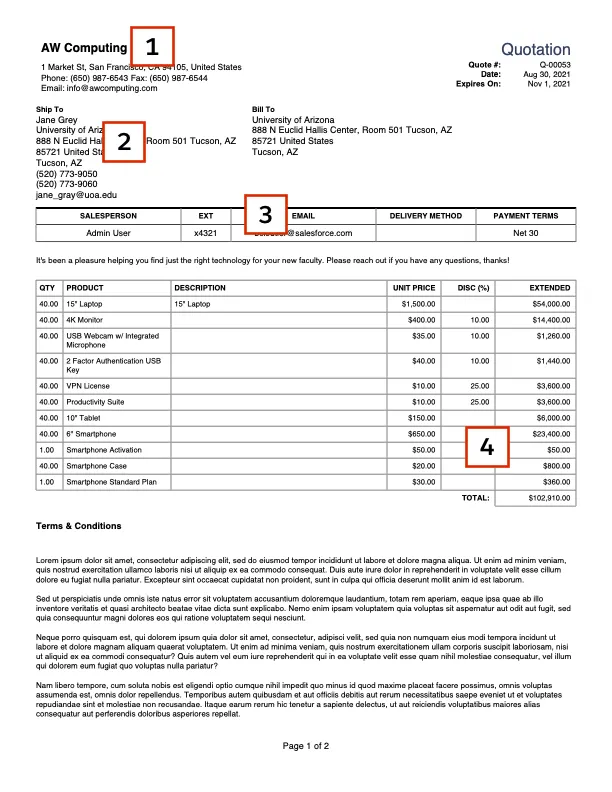 A proposal document with basic quote details.