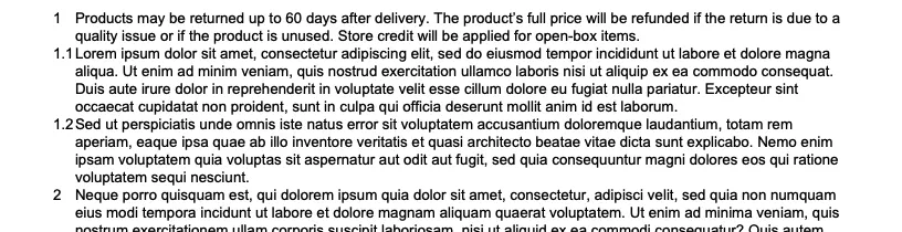 Portion of proposal showing numbered terms, two that are numbered 1.1 and 1.2.