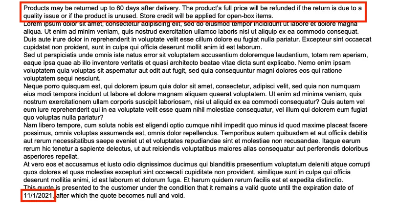 Portion of proposal showing return policy text followed by sample text.