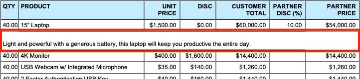 Line item table displaying a description under the laptop product.