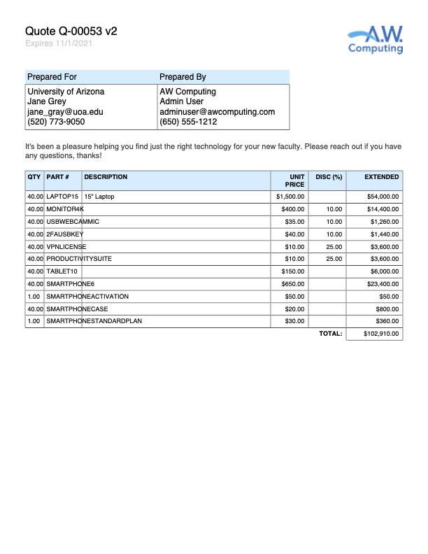 Proposal document showing a table with products and prices.