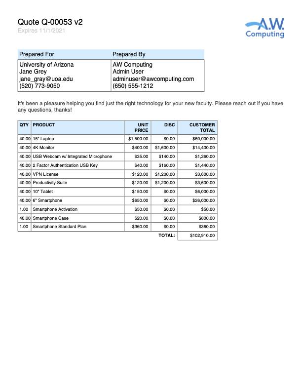 Proposal document showing a table with products and prices.