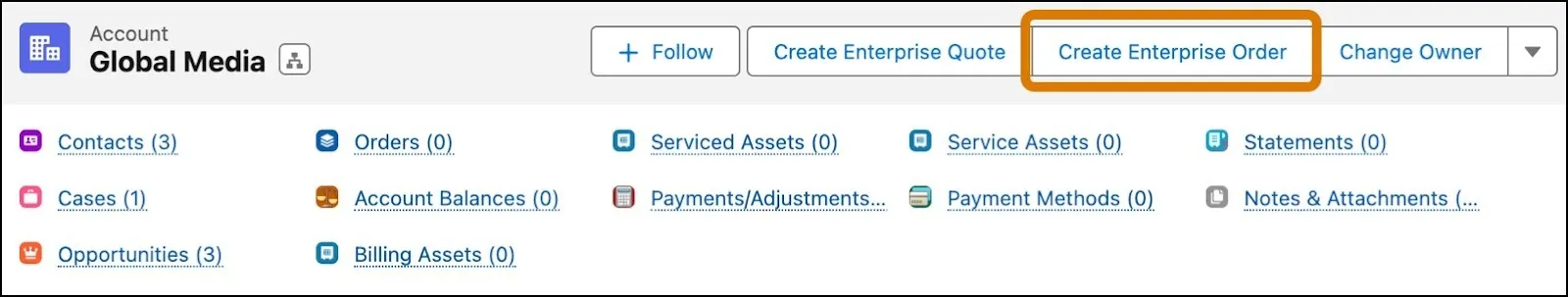 取引先ページの [Create Enterprise Order (エンタープライズ注文を作成)] ボタン。